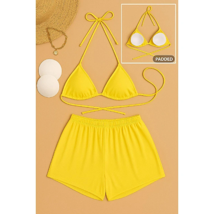 Kadın Sarı Şortlu Belden Ve Boyundan Bağlamalı Bikini Takımı
