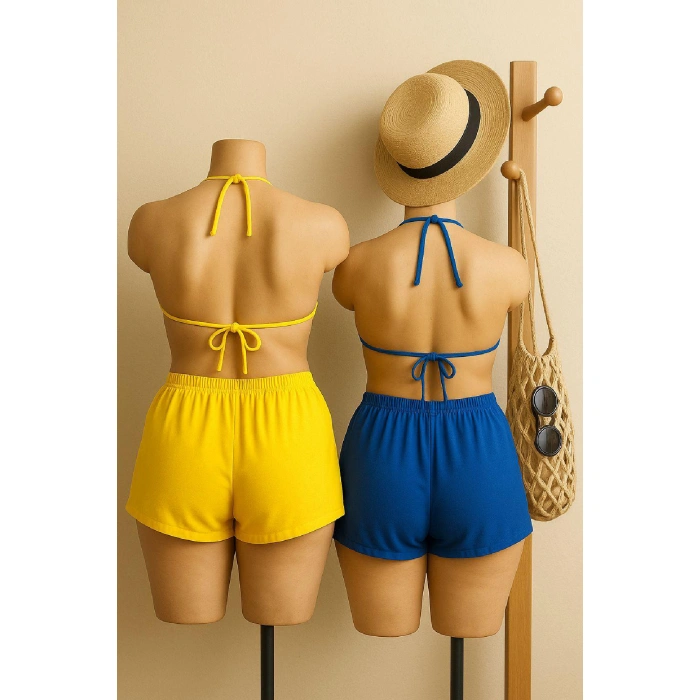 Kadın Sarı Ve Mavi Şortlu Belden Ve Boyundan Bağlamalı Bikini Takımı