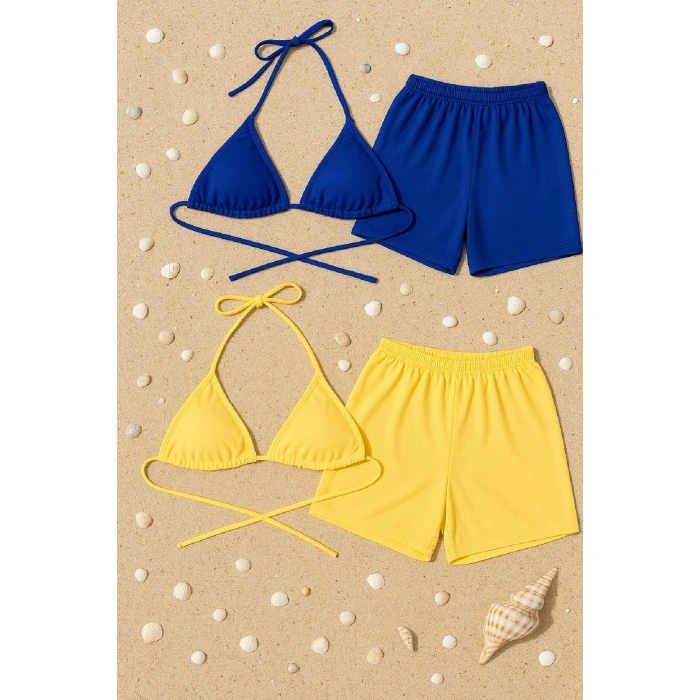 Kadın Sarı Ve Mavi Şortlu Belden Ve Boyundan Bağlamalı Bikini Takımı