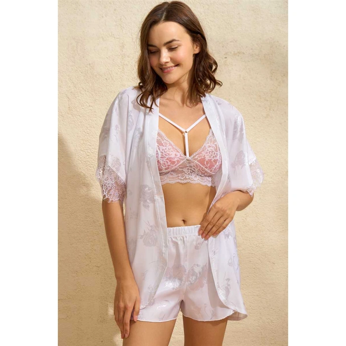 Kadın Saten Bride Baskılı Dantelli Sabahlık Balensiz Desteksiz Dolgusuz Bralet Sütyen Ve Şort 3lü Takım