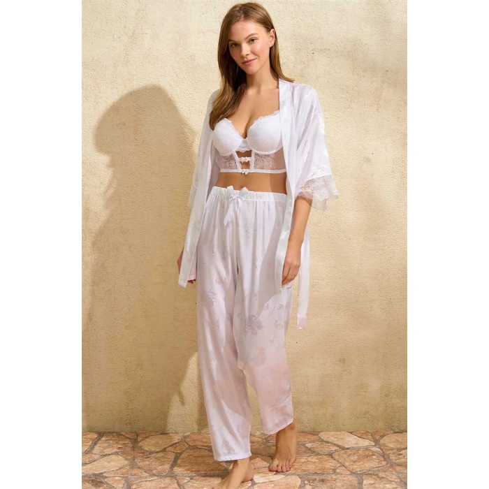 Kadın Saten Çiçek Desenli Dantelli Sabahlık Balenli Destekli Dolgulu Büstiyer Sütyen Ve Pantolon Pijama 3lü Takım