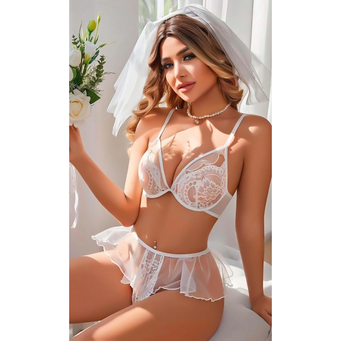 Kadın Seksi Beyaz Dantel Fantazi Kostümü 3828