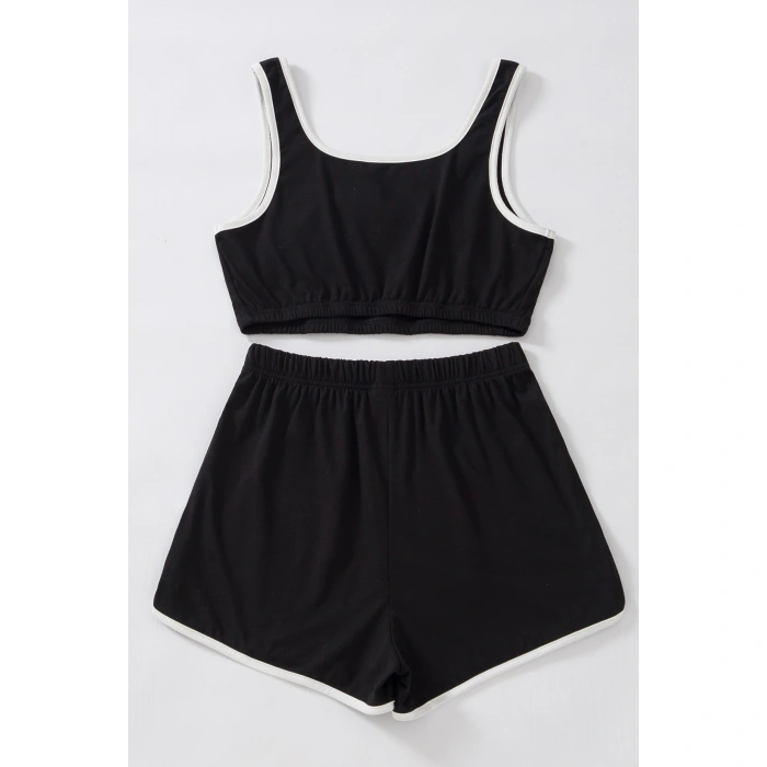 Kadın Siyah Askılı Crop Top Ve Şortlu Gecelik Takım