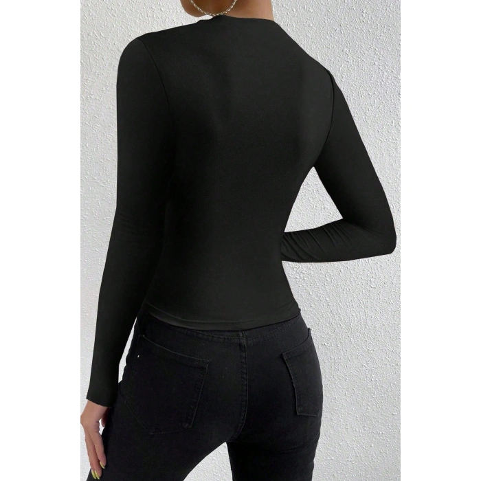 Kadın Siyah Belden Ve Boyundan Büzgü Detaylı Uzun Kollu Bluz