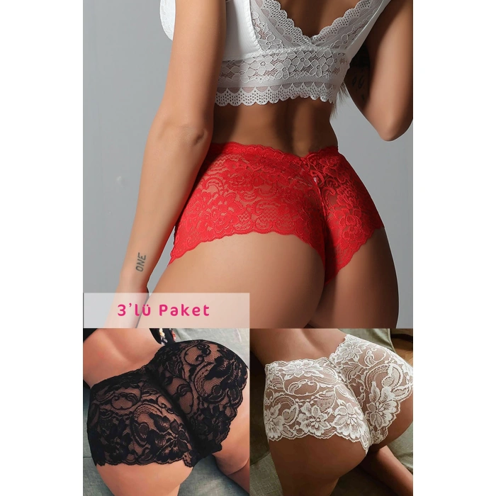 Kadın Siyah Beyaz Kırmızı 3lü Paket Dantel Tanga Şort Külot