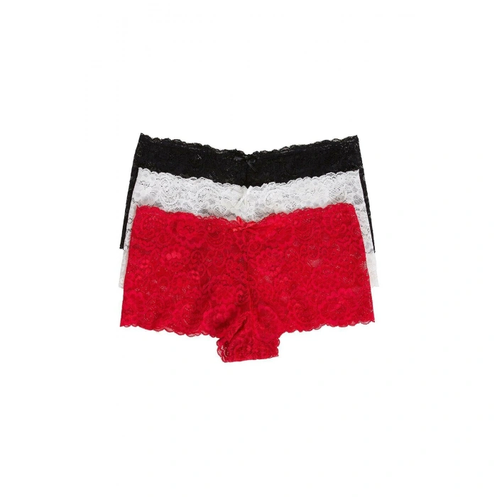 Kadın Siyah Beyaz Kırmızı 3lü Paket Dantel Tanga Şort Külot