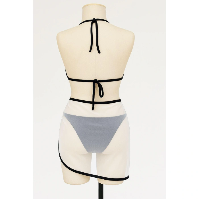 Kadın Siyah Beyaz Pareolu Yandan Ve Boyundan Bağlamalı 3lü Bikini Takımı