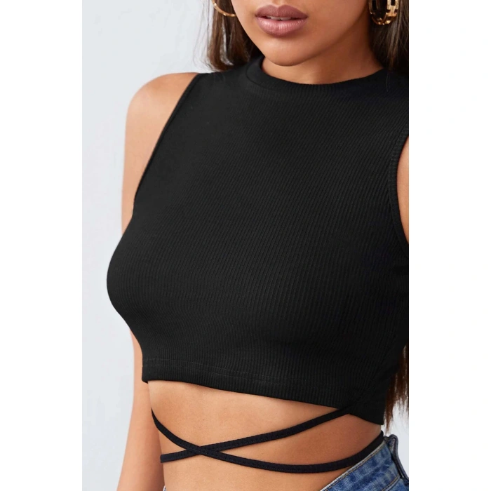 Kadın Siyah Çapraz Bağlamalı Crop Top Büstiyer