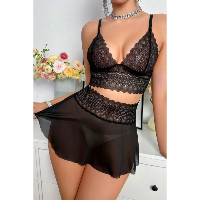 Kadın Siyah Dantel Ve Tül Detaylı Etekli Şık Gecelik Takımı