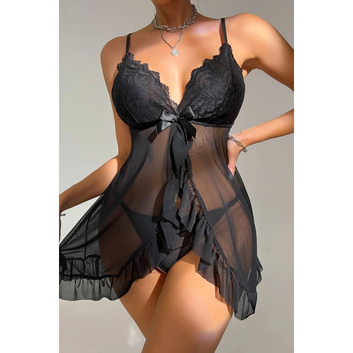 Kadın Siyah Dantelli, Fırfırlı Tül Ve Fiyonk Detaylı Tangalı Gecelik Takımı