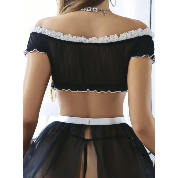 Kadın Siyah Fantazi Kostüm  Fır Fır Detaylı Hizmetçi Çorap Hariç 2212