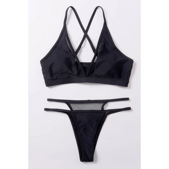 Kadın Siyah File Detaylı Özel Bikini Takımı