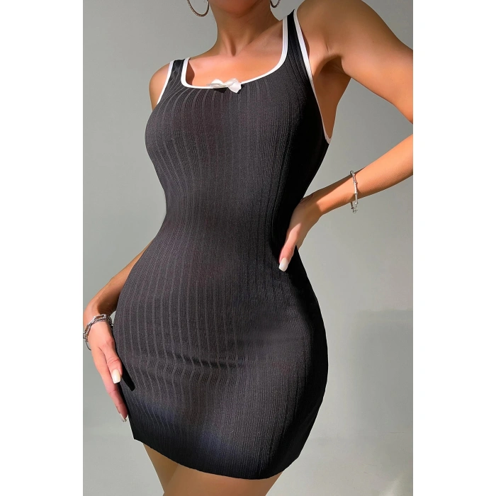 Kadın Siyah Fiyonklu Kaşkorse Gecelik Ve Tanga Takım