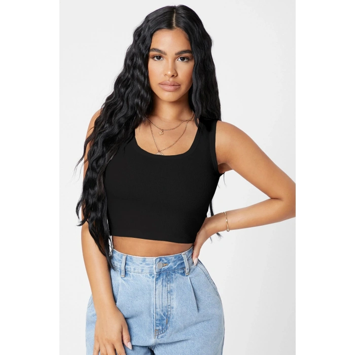 Kadın Siyah Kare Yaka Crop Top Bluz