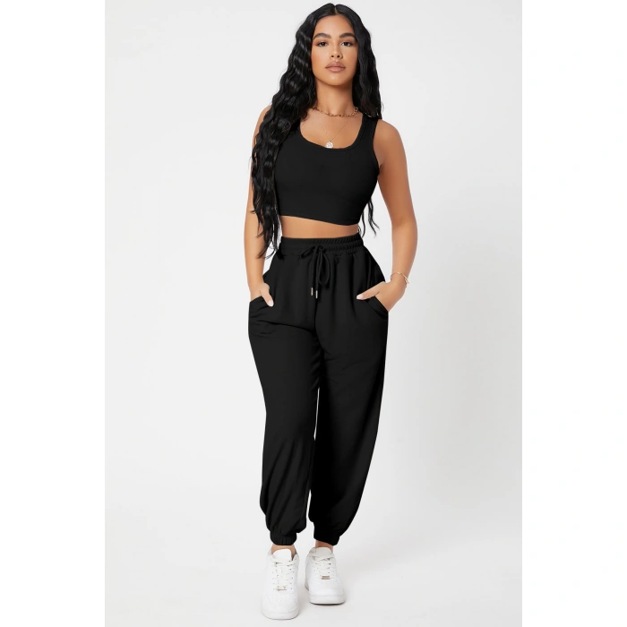 Kadın Siyah Kaşkorse Cepli Jogger Eşofman Altı Ve Crop Top Bluz