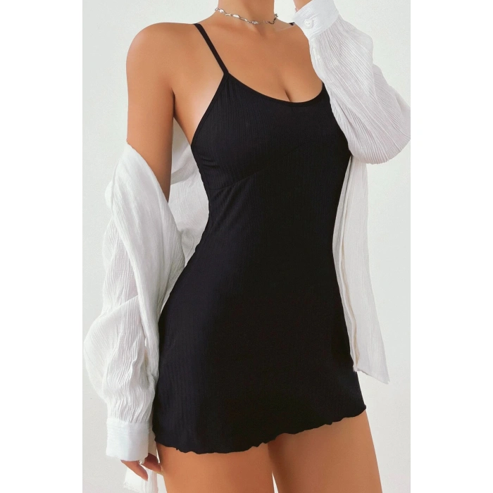 Kadın Siyah Kaşkorse Ince Askılı Şık Gecelik