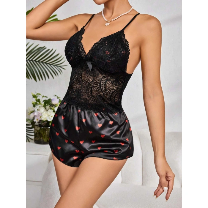 Kadın Siyah Kırmızı Kalp Desenli Saten Şort Pijama Takımı 2232