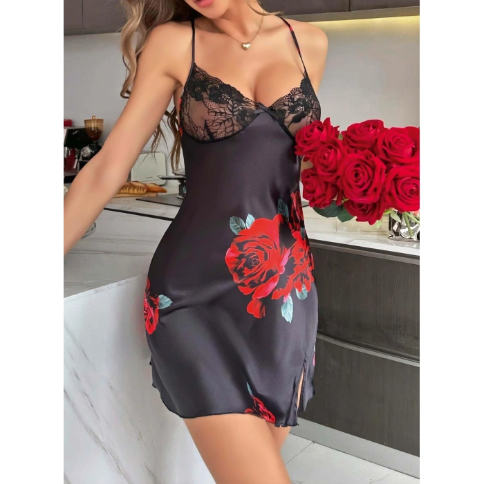 Kadın Siyah Saten Askılı Dantel Detaylı Gül Çicek Baskılı Gecelik 2221