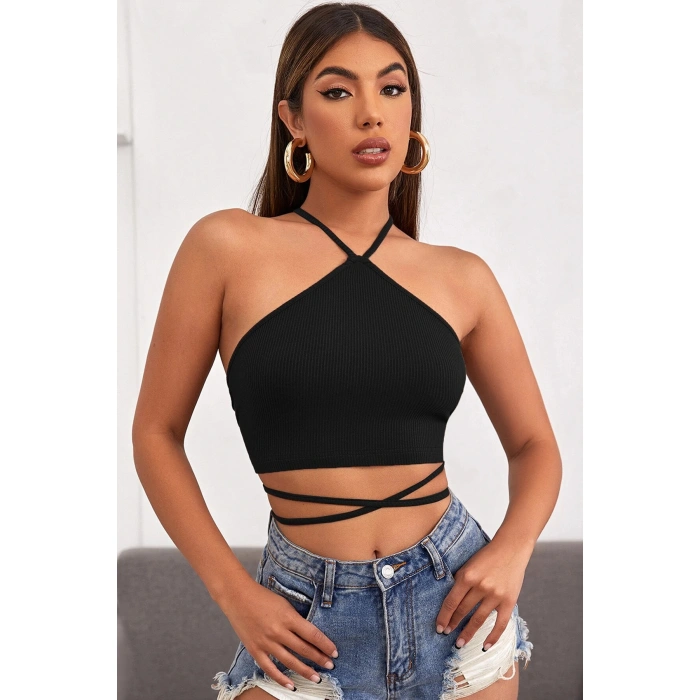 Kadın Siyah Sırtı Açık Boyundan Çapraz Bağlamalı Crop Top Bluz