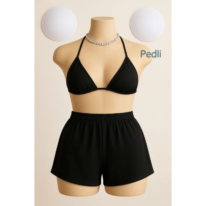 Kadın Siyah Şortlu Belden Ve Boyundan Bağlamalı Bikini Takımı