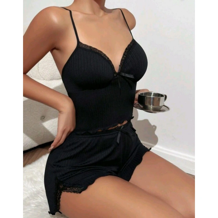 Kadın Siyah Şortlu Gecelik Takım 6639