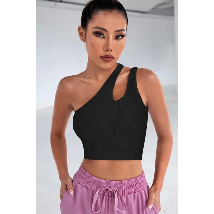 Kadın Siyah Tek Omuz Cut Out Detaylı Crop Top Bluz