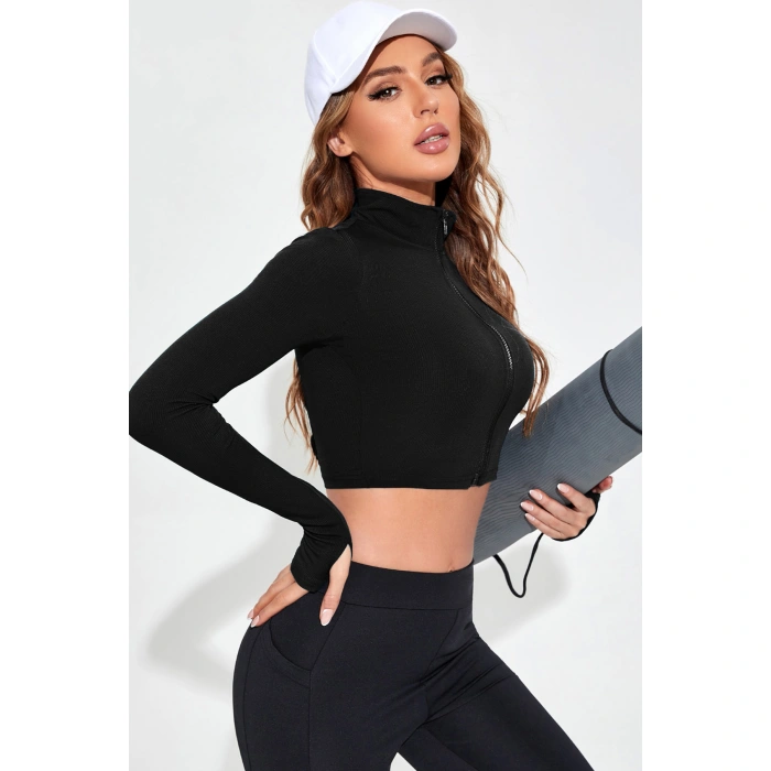 Kadın Siyah Uzun Kol Fermuarlı Parmak Geçme Detaylı Dik Yaka Crop Top Bluz