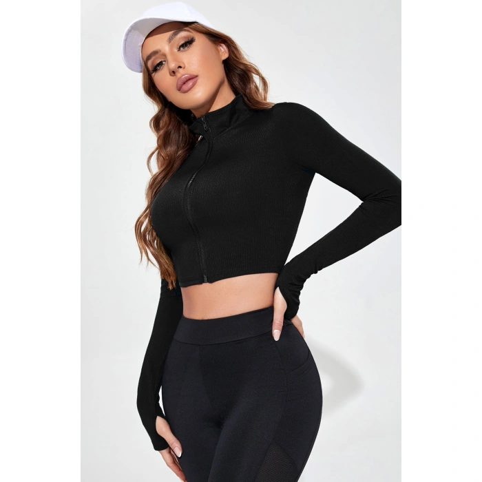 Kadın Siyah Uzun Kol Fermuarlı Parmak Geçme Detaylı Dik Yaka Crop Top Bluz