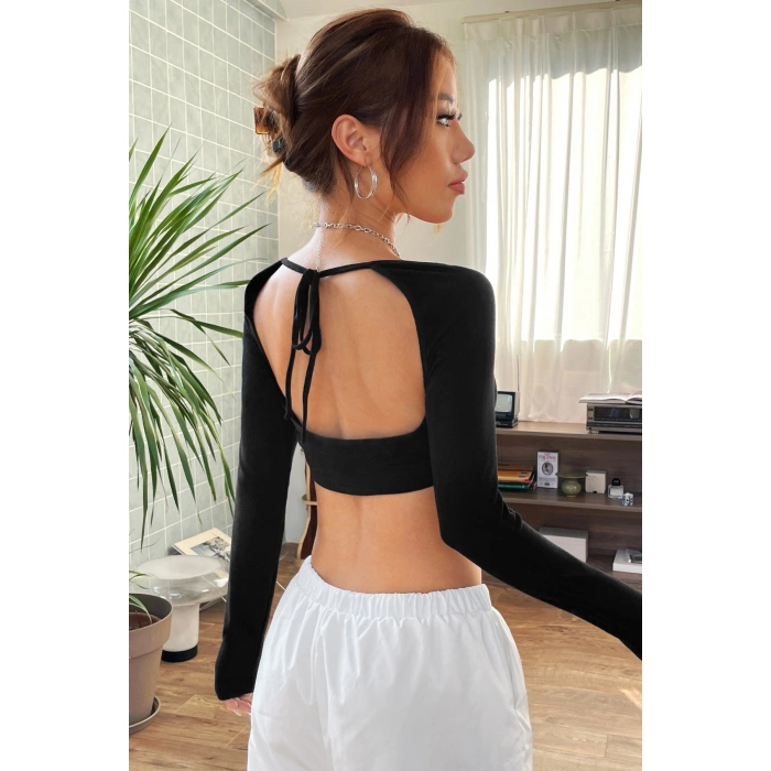 Kadın Siyah Uzun Kol Göğüs Ve Sırt Dekolteli Crop Top Bluz