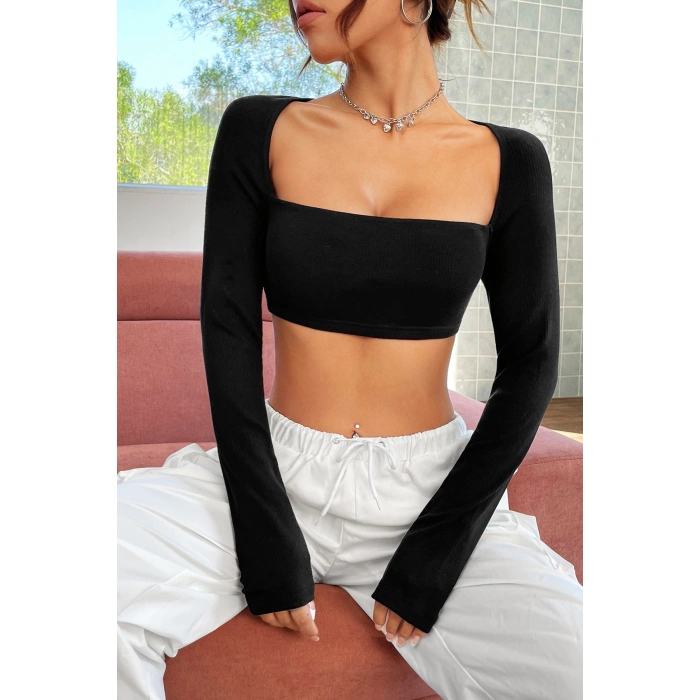 Kadın Siyah Uzun Kol Göğüs Ve Sırt Dekolteli Crop Top Bluz