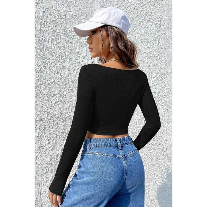 Kadın Siyah Uzun Kollu Agraflı Göğüs Ve Göbek Dekolteli Crop Top Bluz