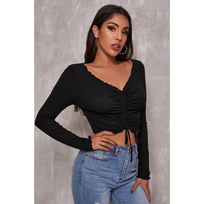 Kadın Siyah Uzun Kollu Büzdürme Bağcık Detaylı Crop Top Bluz
