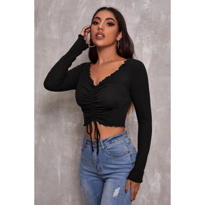 Kadın Siyah Uzun Kollu Büzdürme Bağcık Detaylı Crop Top Bluz