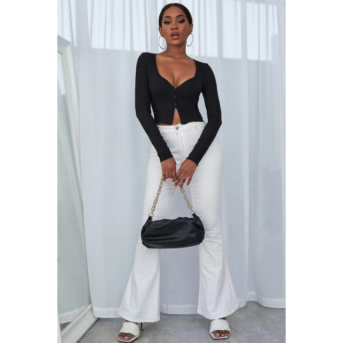 Kadın Siyah Uzun Kollu Düğmeli Göğüs Ve Göbek Dekolteli Crop Top Bluz