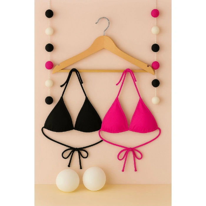 Kadın Siyah Ve Fuşya Minimal Kesim Üçgen Bikini Üstü