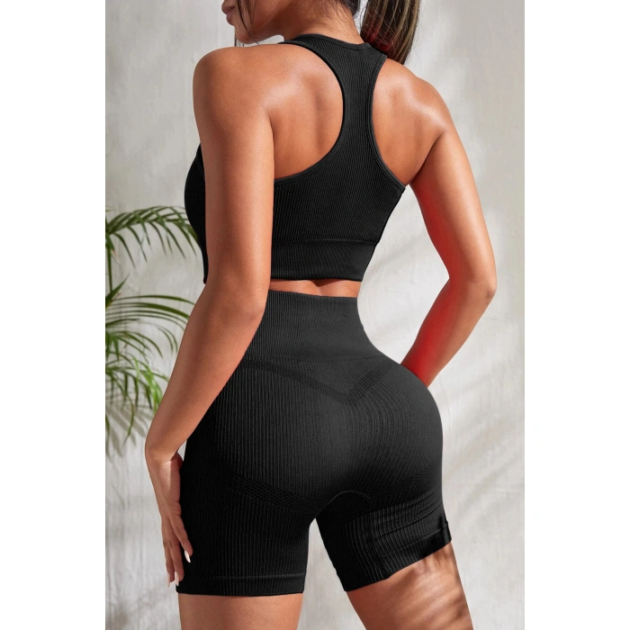 Kadın Siyah Yüksek Bel Çapraz Sırt Detaylı Şortlu Gecelik Takım