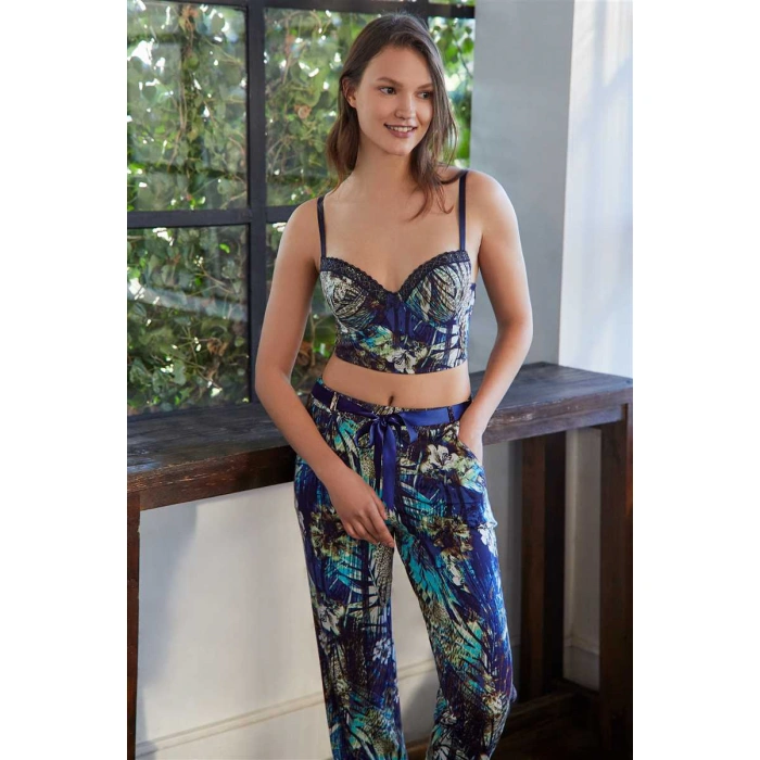 Kadın Viskon Balenli Destekli Dolgulu Baskılı Büstiyer Ve Pantolon Pijama Takım