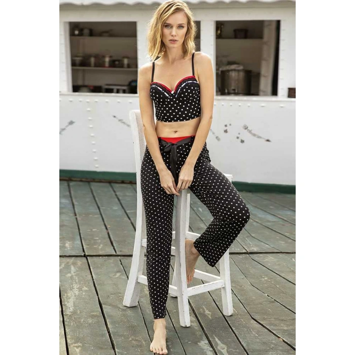 Kadın Viskon Balenli Destekli Dolgulu Puantiyeli Büstiyer Ve Pantolon Pijama Takım