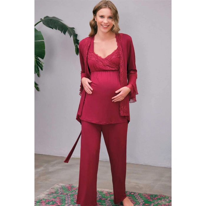 Kadın Viskon Hamile Lohusa Dantelli Sabahlık Önden Açılan Emzirme T-shirt Ve Pantolon Pijama 3lü Takım
