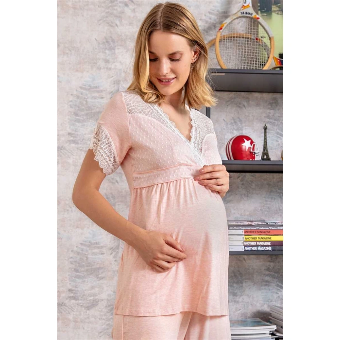 Kadın Viskon Hamile Lohusa Dantelli Sabahlık Önden Açılan Emzirme T-shirt Ve Pantolon Pijama 3lü Takım