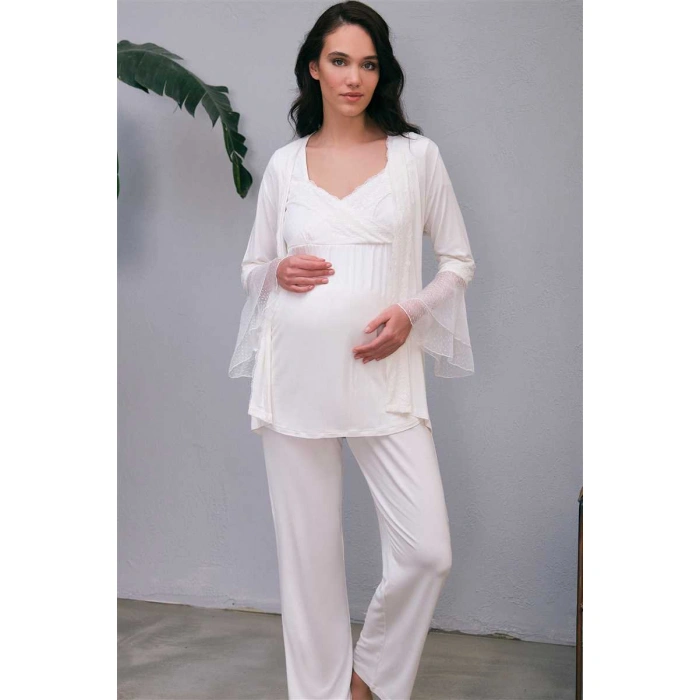 Kadın Viskon Hamile Lohusa Dantelli Sabahlık Önden Açılan Emzirme T-shirt Ve Pantolon Pijama 3lü Takım