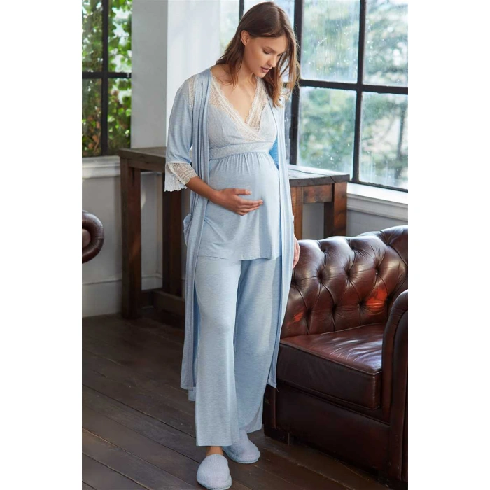 Kadın Viskon Hamile Lohusa Dantelli Sabahlık Önden Açılan Emzirme T-shirt Ve Pantolon Pijama 3lü Takım