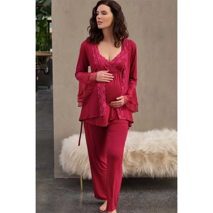 Kadın Viskon Hamile Lohusa Dantelli Sabahlık Önden Açılan Emzirme T-shirt Ve Pantolon Pijama 3lü Takım