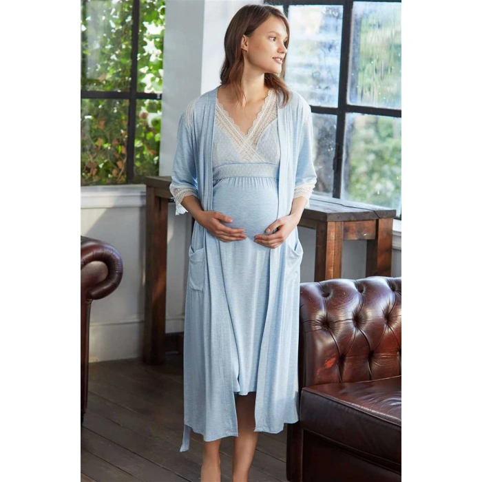 Kadın Viskon Hamile Lohusa Dantelli Sabahlık Ve Önden Açılan Emzirme Uzun Gecelik Elbise Takım