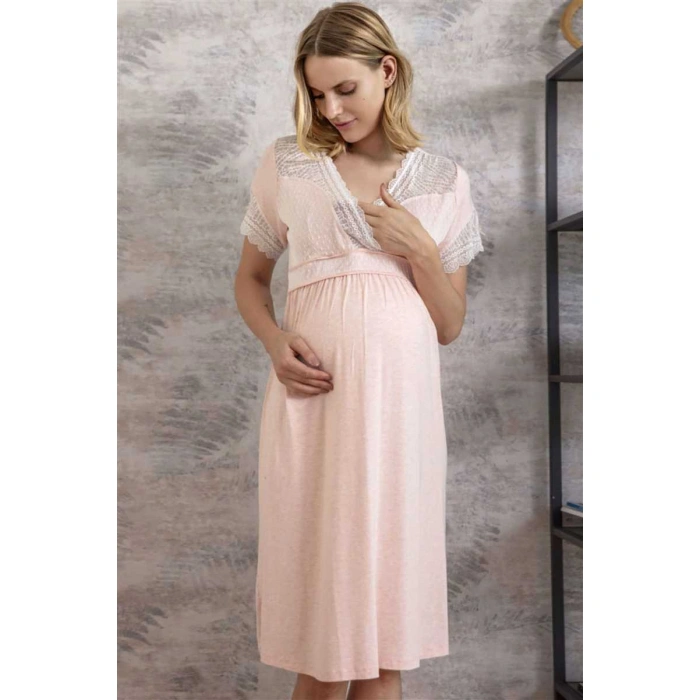 Kadın Viskon Hamile Lohusa Dantelli Sabahlık Ve Önden Açılan Emzirme Uzun Gecelik Elbise Takım