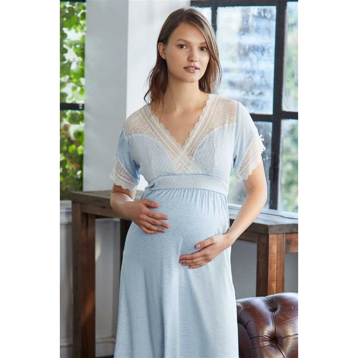 Kadın Viskon Hamile Lohusa Dantelli Sabahlık Ve Önden Açılan Emzirme Uzun Gecelik Elbise Takım