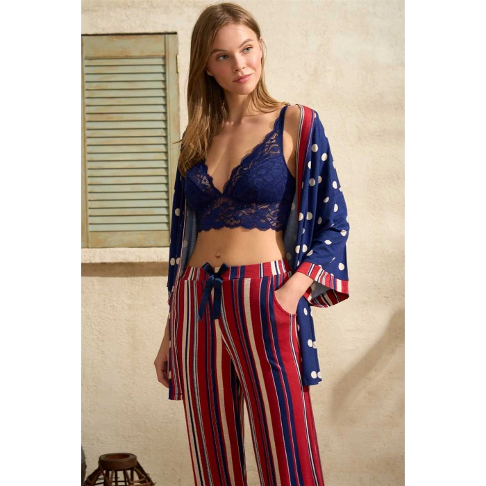 Kadın Viskon Puantiyeli Sabahlık Balensiz Desteksiz Dolgusuz Dantelli Bralet Sütyen Ve Çizgili Pantolon Pijama 3lü Takım