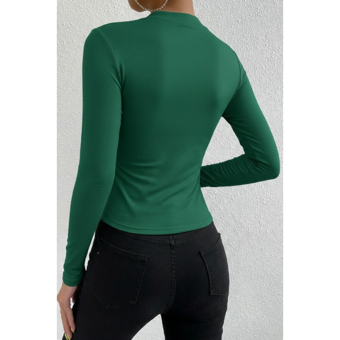 Kadın Yeşil Belden Ve Boyundan Büzgü Detaylı Uzun Kollu Bluz