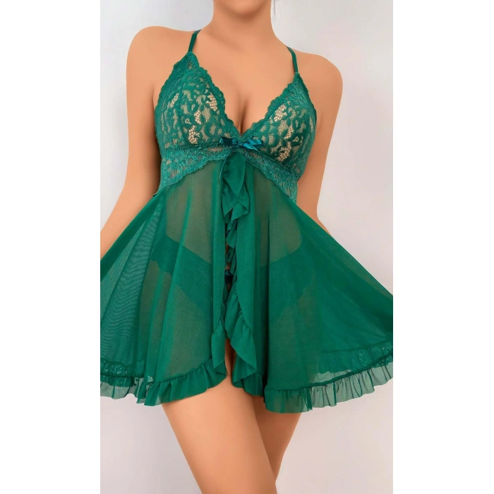 Kadın Yeşil Fantazi Gecelik Tül Önü Açık Fırfırlı Fiyok Detaylı 2114