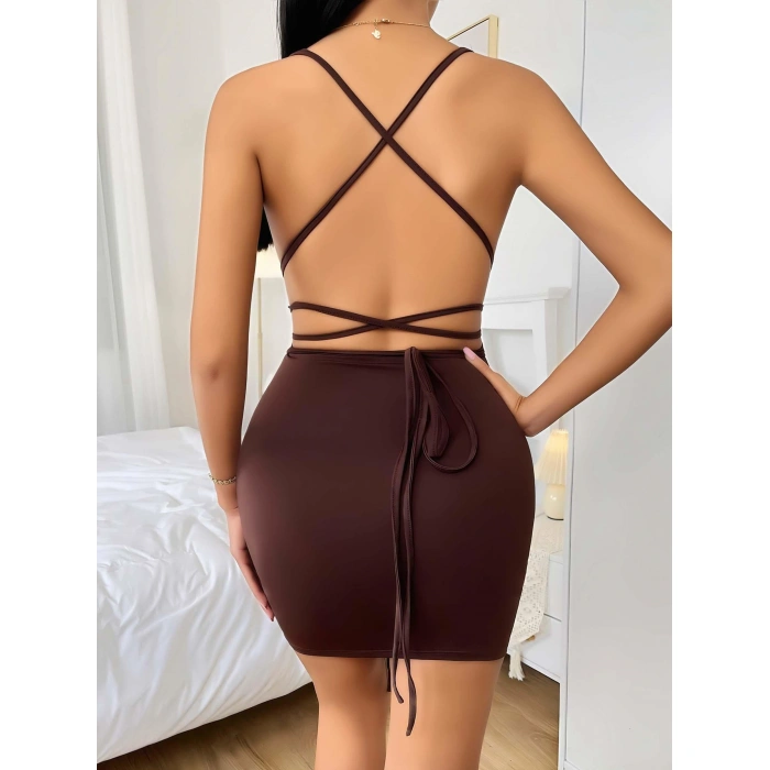 Kahverengi Şık Fantezi Clup Elbisesi 6681